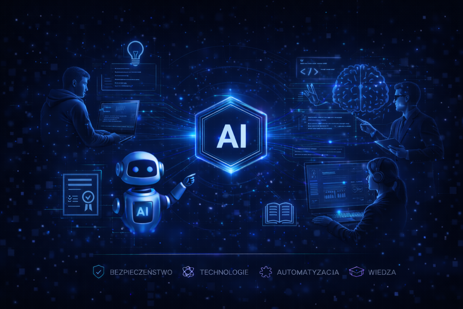 Banner prezentujący szkolenie AI dla zespołów technicznych: architekturę, integracje, praktykę wdrożeniową i rozwój kompetencji technicznych